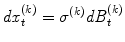 
$$\displaystyle{ \mathit{dx}_{t}^{(k)} =\sigma ^{(k)}\mathit{dB}_{ t}^{(k)} }$$
