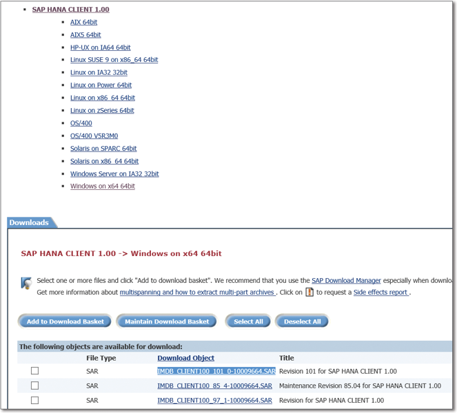 Example Download of the SAP HANA Client from SAP Support