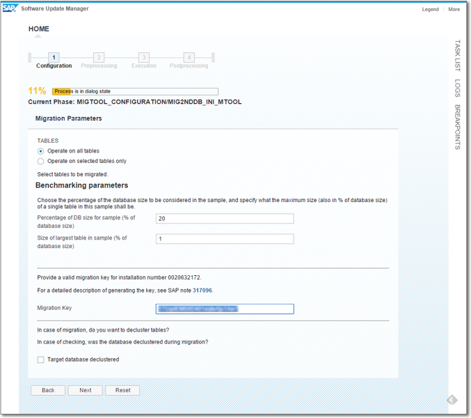 Entering Paramters to Benchmark the Software Update Manager Database Migration Option