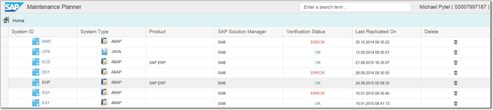 Selecting a System in Maintenance Planner