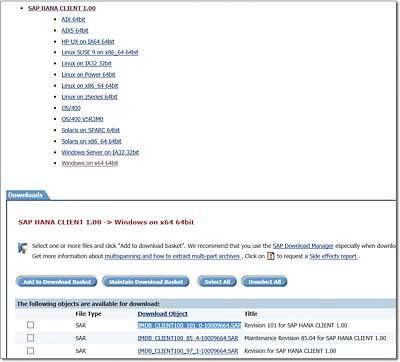 Example Download of the SAP HANA Client from SAP Support