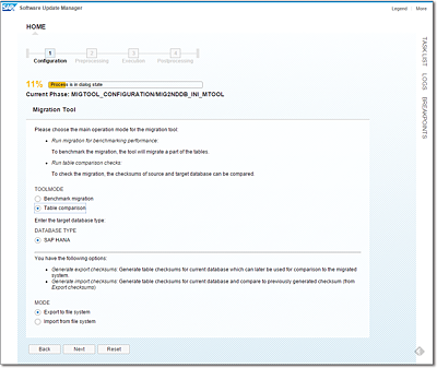 Initial Selection Screen for the Migration Tool