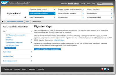 Initial Screen to Request a Migration Key