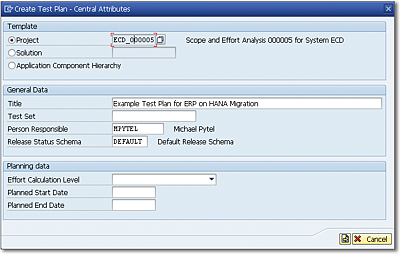 Create Test Plan—Central Attributes Screen