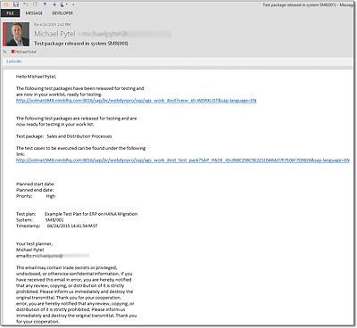 Example Email from SAP Solution Manager Test Management Workflow