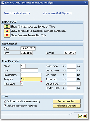 Example Analysis Criteria Selection Screen in Transaction STAD