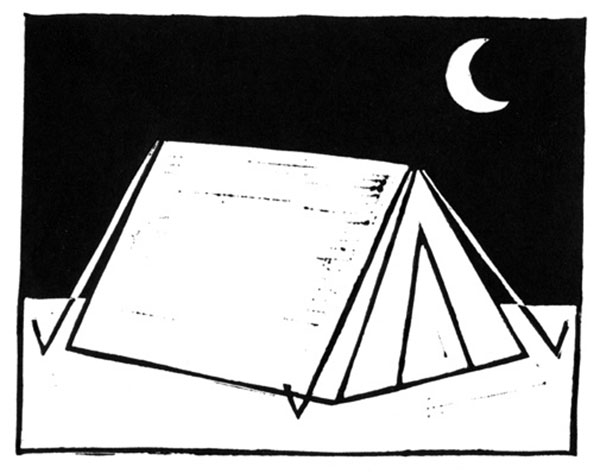 An illustration of a tent at night with a sickle moon in the sky.