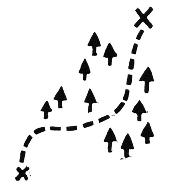 An illustration of a map with a  dotted line leading the way through a forest.