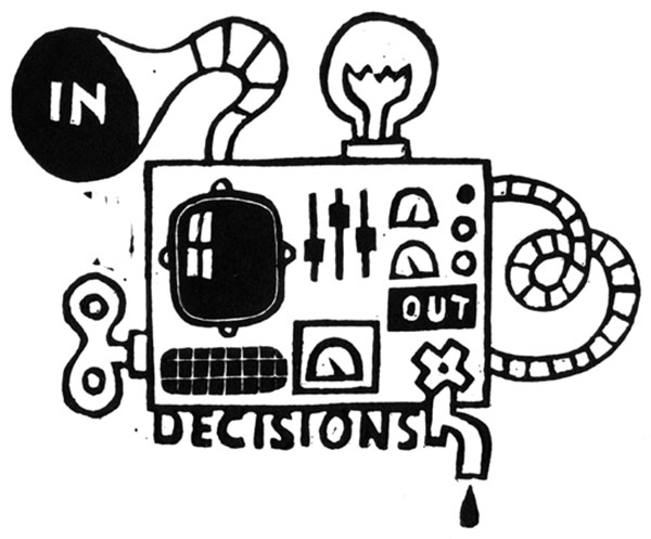 An illustration of a decision making contraption covered in buttons and dials.