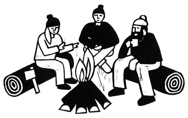 An illustration of a group of people sat on logs around a campfire.