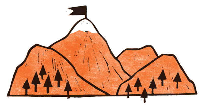 An illustration of a mountain range with a flag on the top.