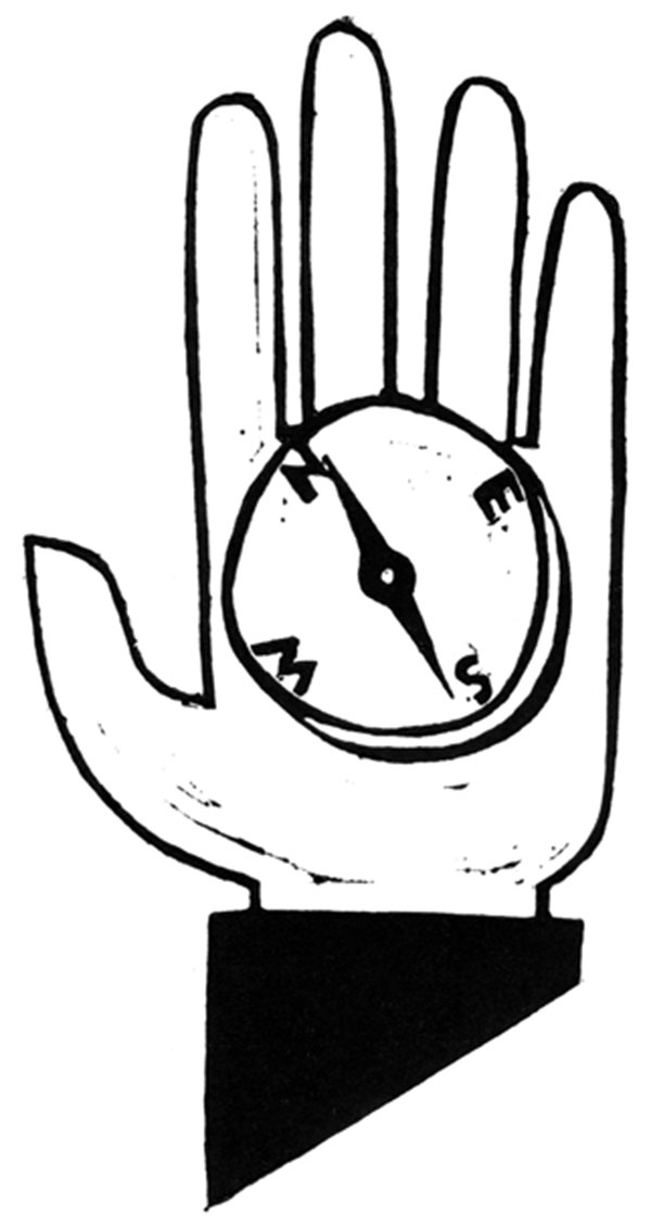 An illustration of a hand holding a compass