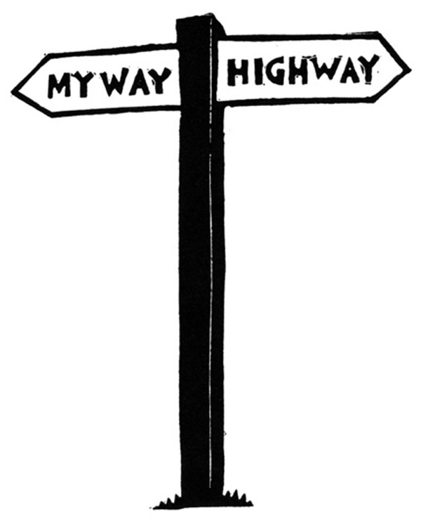 An illustration of a sign post with two directions labelled 'My Way' or 'Highway'