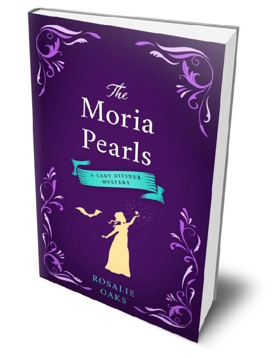 Book cover design for The Moria Pearl, with Regency lady and a bat in silhouette