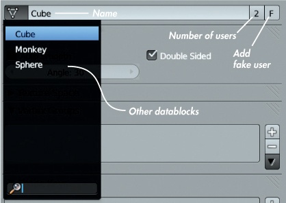 Examining object data. Here, a cube object uses a mesh datablock named “Cube.” Other datablocks can be selected to change the mesh that the object uses. The number of users a datablock has is shown to the right of its name.