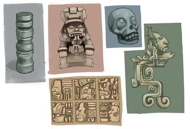 Sketches of different elements of Mayan architecture