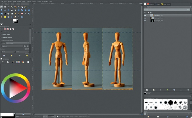 Aligning orthographic references in GIMP. Here, photos of an artist’s mannequin taken from the front, side, and three-quarter perspectives are being aligned using horizontal guidelines. Each photo has been imported as a separate layer and aligned using the Move tool.