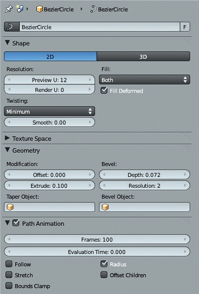 The Object Data tab for a curve object allows you to change between a 2D and 3D curve, set the density of the mesh created from that curve (Resolution), and define how the curve is beveled and extruded to create a 3D object (Geometry).