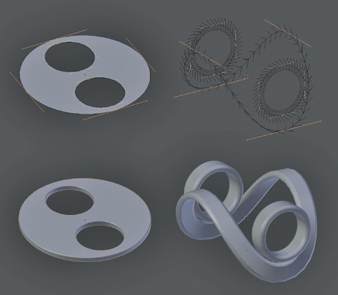 Different types of curves. Left: A 2D curve extruded and beveled to make a flat cutout shape. Right: 3D curves extruded to make ribbons. (The tilt of the curve defines how the curve twists.)