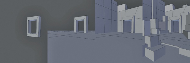 Blocking in with simple elements. I began with the door and then added a ground plane, walls, and cubes to represent major elements in the scene.