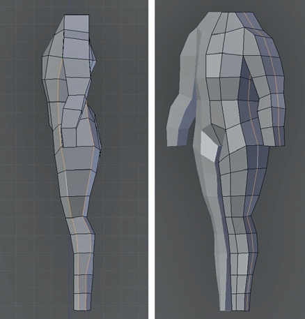 Refining the body in side view (left) before adding an edge loop running around the middle (right)