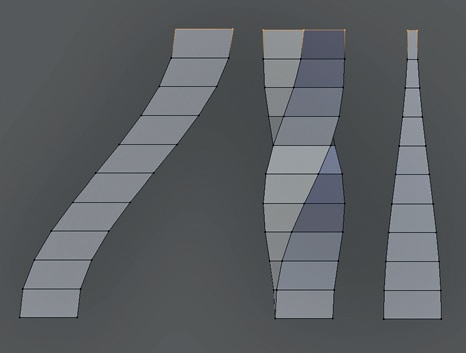 Proportional editing has many uses. Here it’s used to deform a subdivided column using (left to right) Translate, Rotate, and Scale operations and the standard “smooth” falloff.