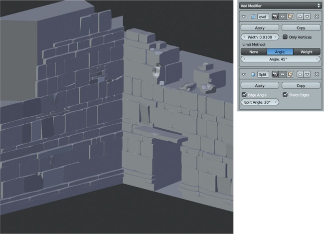 The final walls, with a Bevel and an Edge Split modifier to give them beveled edges and flat sides