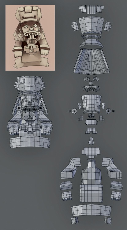 The statue model exploded into its constituent parts. Most are derived from simple cubes or cylinders.