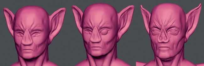 Adding an eye to make sculpting the surrounding areas easier and using the Crease brush to mark in key features of the face. Remember when scaling the eye to the correct size that the skull is approximately five eye-widths across and that there should be one eye-width between the two eyes.