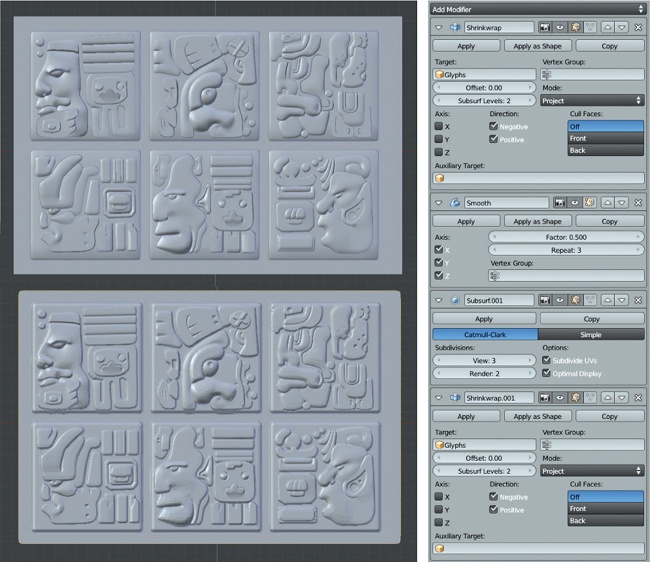 Projecting a grid mesh onto the glyphs from the Jungle Temple project results in a single mesh that captures all the details. This technique would make UV unwrapping and texturing very simple, but it would produce a much higher poly count. Top: The original glyphs. Bottom: The grid, projected onto the glyphs. Right: The modifier stack. The Shrinkwrap modifiers are repeated with a Subdivision Surface modifier and a Smooth modifier in between to help the second shrinkwrap get into all the tight corners.