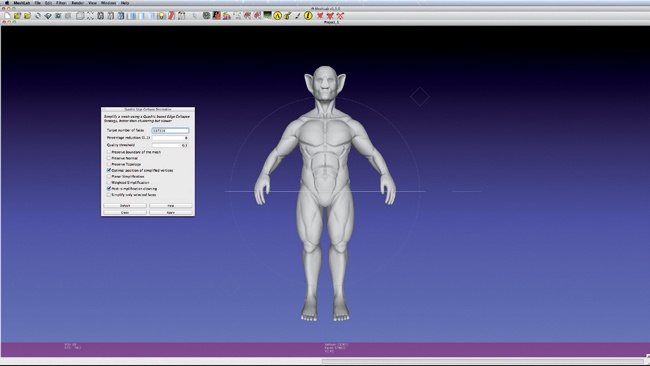 Decimating sculpts in MeshLab. The Quadratic Edge Collapse Decimation tool allows you to set a target poly count, to which MeshLab will then reduce your mesh by merging close-together vertices.