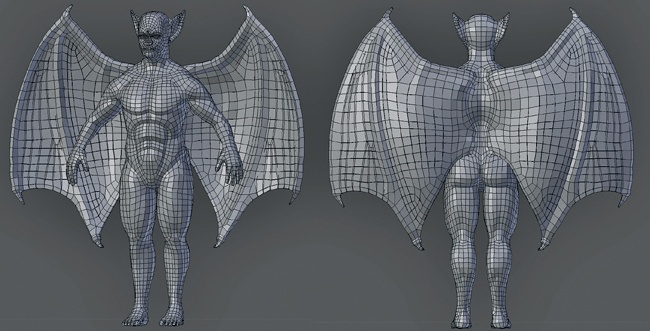 The retopologized body mesh, now incorporating both the wings and body and with enough detail to capture the broader features of the face and musculature