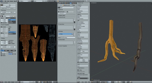 The UVs for the tree objects. The active object appears as editable UV islands, while other selected (but not active) objects appear gray in the UV Image editor.