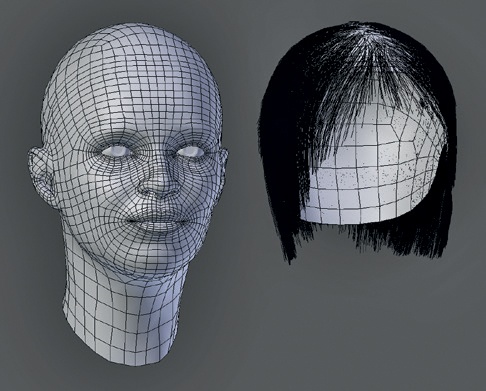 Creating a scalp to hold the particle system for a character’s hair. This allows you to keep modifying the model for the head without disturbing the hair. Here, the two are shown side by side, but generally they would be on top of one another.