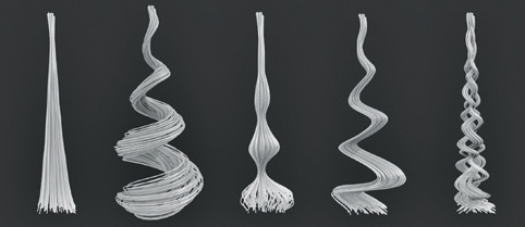 Different kink settings applied to the children of a single parent particle. Left to right: No Kink (but with Clump turned on so that the strands come to a point), Curl, Radial, Wave, and Braid.