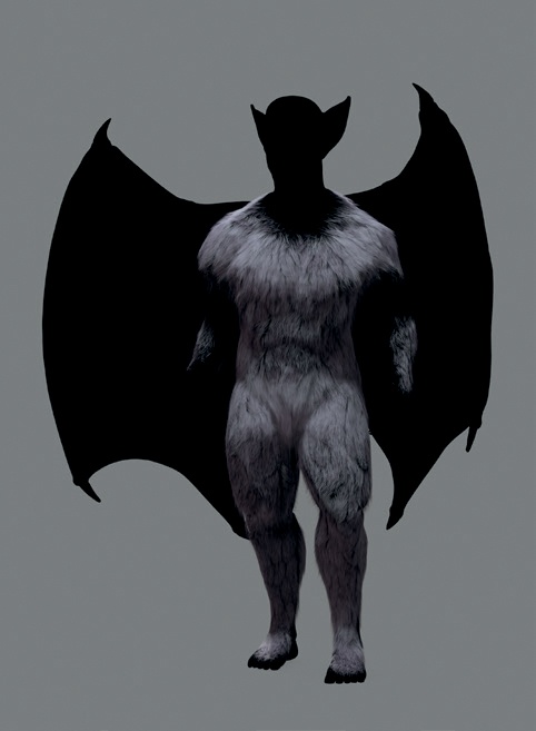 The fur for the Bat Creature. While the 3D Viewport gives a good estimate of what the hair is doing, a render will really show you what areas need attention. Here, I set the skin of my character to black to see the hair on its own and rendered it with a simple three-point light setup. (See to learn how to set up materials and for lighting.)