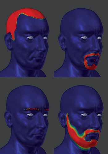 Using different particle systems with unique Density vertex groups allows more control over the look of each. Here, I have created separate vertex groups for the hair, goatee, eyebrows, and stubble.