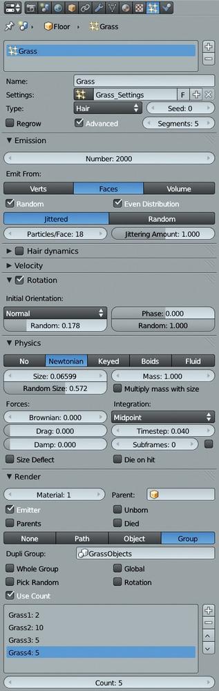 The particle settings for the grass system. To give different orientations and sizes to the duplicated blades, I used the rotation settings and the Size and Random size options. I used the Use Count option to repeat some objects in the group more often than others.