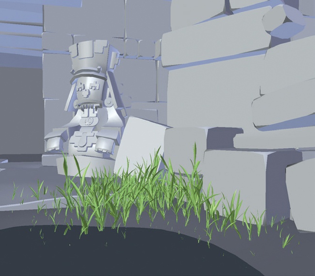 The grass particle system in the final Jungle Temple scene