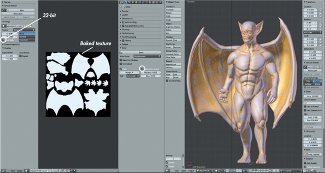 Settings for baking the displacement map for the Bat Creature