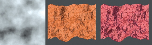 Displacement maps usually need to be saved in a high-bit-depth image format because lower bit depths don’t store enough information and can result in stepping artifacts. (Here the effect has been exaggerated significantly.) Left: A cloud texture, the original source of our displacement map. Center: Using an 8-bit displacement map, showing stepping. Right: Using a 32-bit displacement map, no stepping.