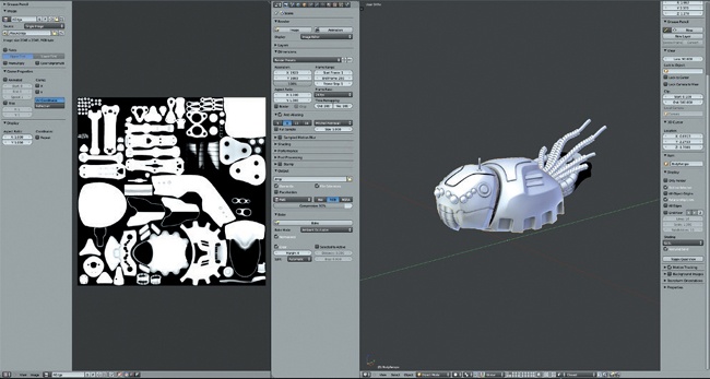 Baking the ambient occlusion map for the head and body segments of the Spider Bot. Only selected objects are baked, and only objects on layers that are currently visible are taken into account by the baking process.