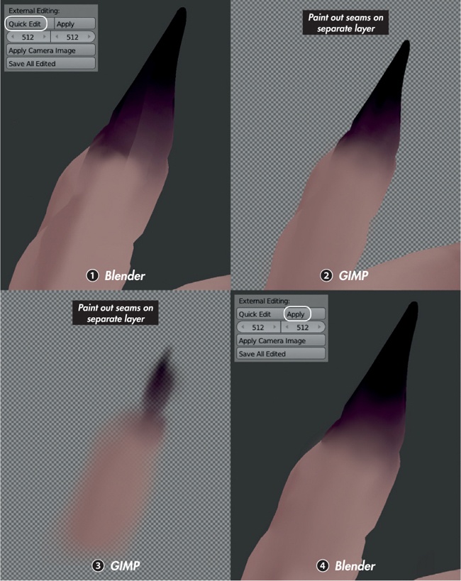 Exporting a screenshot to paint over in GIMP with Quick Edit: the area with a seam in Blender 1; the view exported from Blender to GIMP with Quick Edit and painted over on a new layer 2; the new layer on its own, which will be saved over the original export 3; and the exported image applied to the texture, back in Blender, using the Apply operator 4