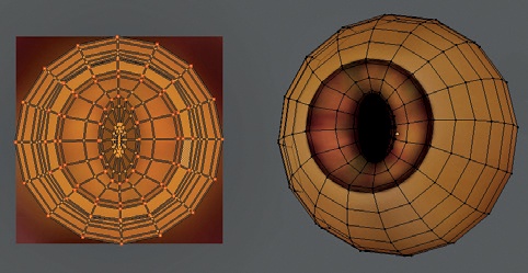 Adjusting the pupil to fit the texture. Left: The adjusted UV coordinates. Right: The eye in Edit mode with the texture applied.