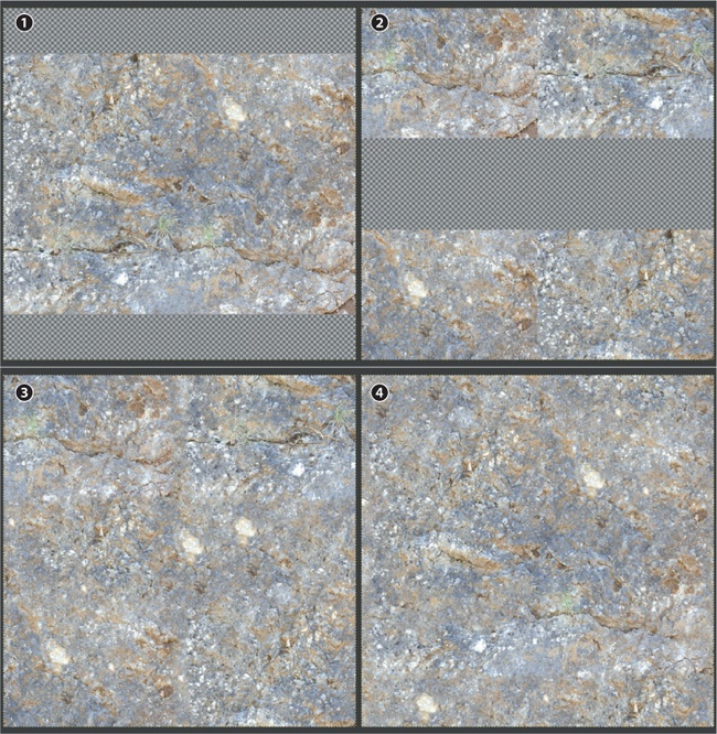 Making an image seamless: Increase the canvas size to make it square 1; offset the image 2; fill in the blanks and fix the seams with the Resynthesize filter 3; and re-offset to check the texture and resynthesize any problem areas 4.