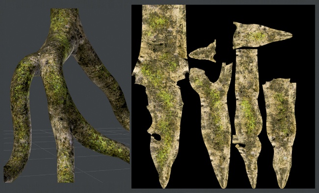 Texturing the trees. I began with a seamless bark texture and then blended in other textures in GIMP.