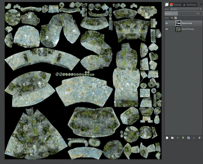 The statue texture opened in GIMP with an ambient occlusion map overlaid on top