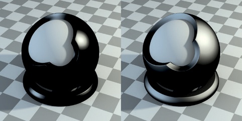 Blender Internal’s approximated specular reflections (Blender Internal renderer). Often these are referred to as specular reflections, while more realistic (mirror) specular reflections are referred to as glossy reflections. Left: A material with only specular reflections and a hardness of 15. Right: A hardness of 100.