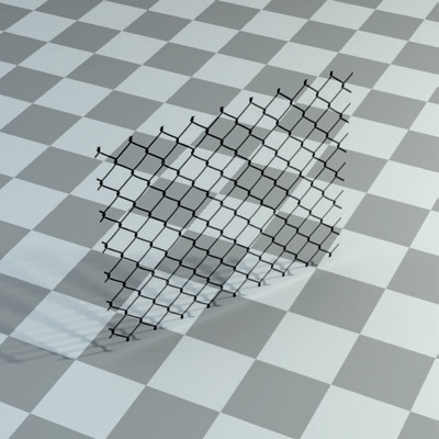 Using Z Transparency to give this wire fence material a more complex appearance without requiring extra geometry (using the Blender Internal renderer). This material has been applied to a single plane. (The Transparent Shadows option has been turned on for the floor material to create accurate shadows.)