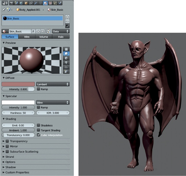 The Bat Creature material, shown without any textures or subsurface scattering. The rendered material is shown at the right. (See and for how to set up the lighting and render settings.)